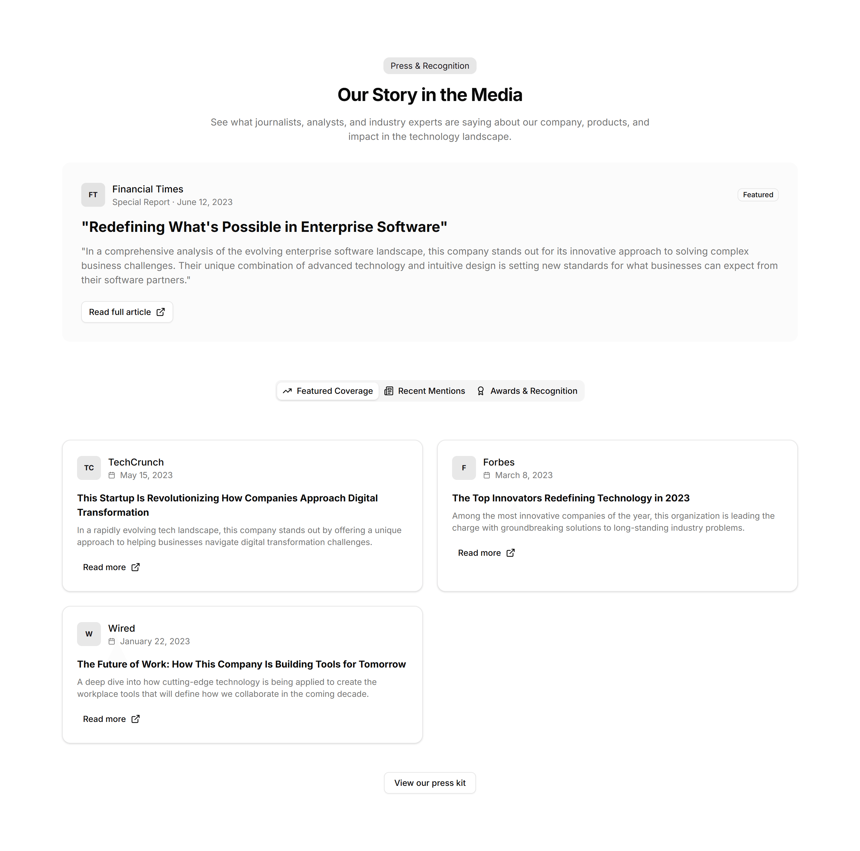 Marketing (Legacy) About Section: Press & Recognitions