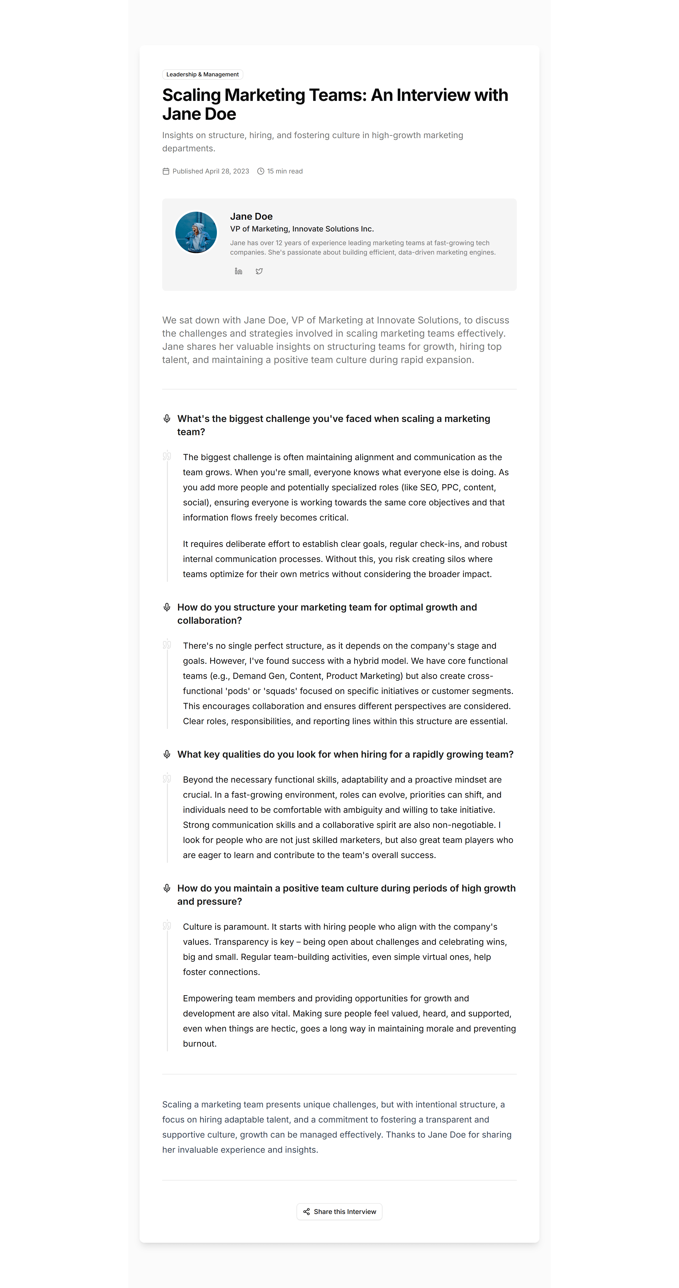 Marketing (Legacy) Blog Section: Interview Format