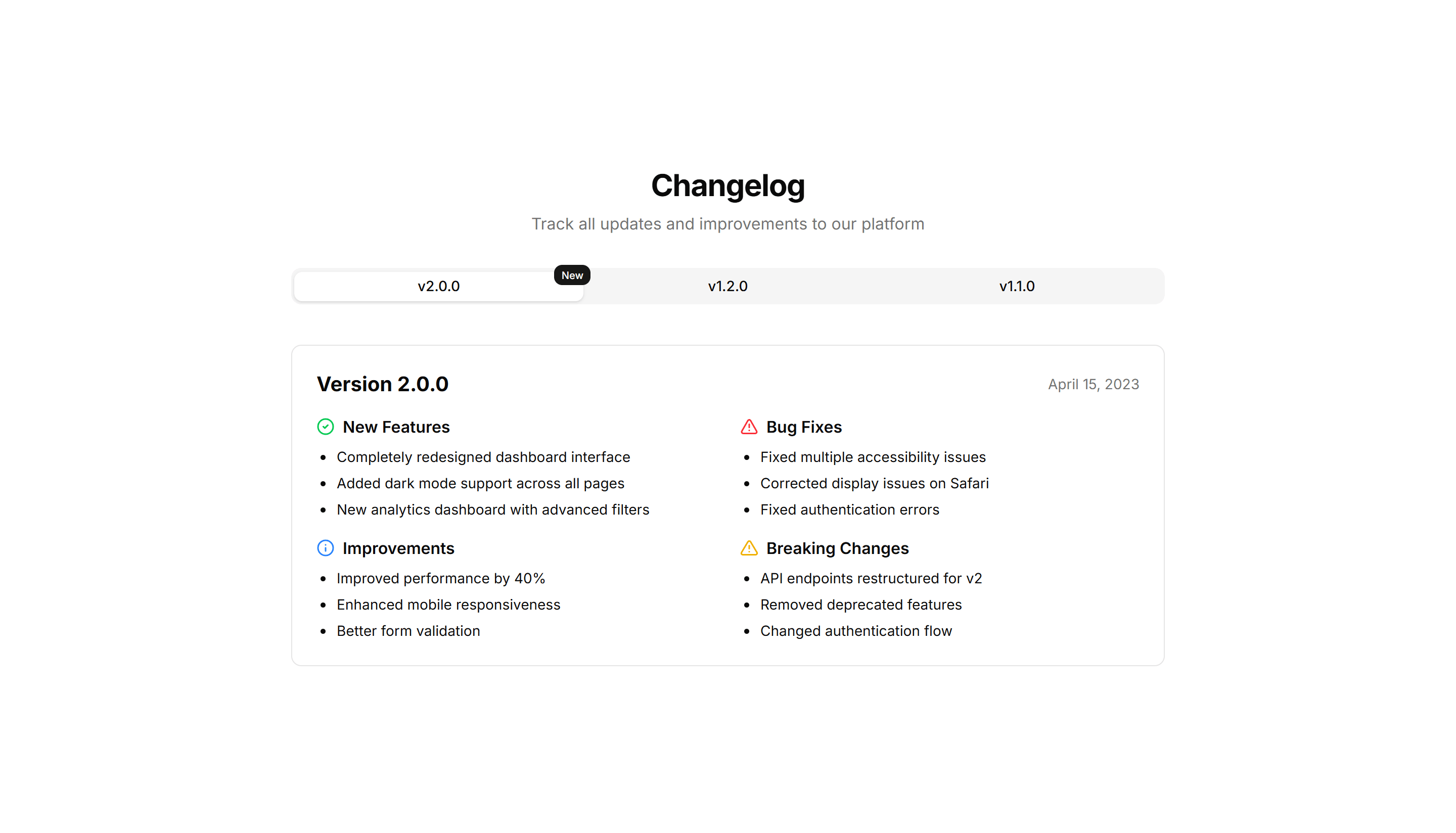 Marketing (Legacy) Changelog: Tabbed Changelog