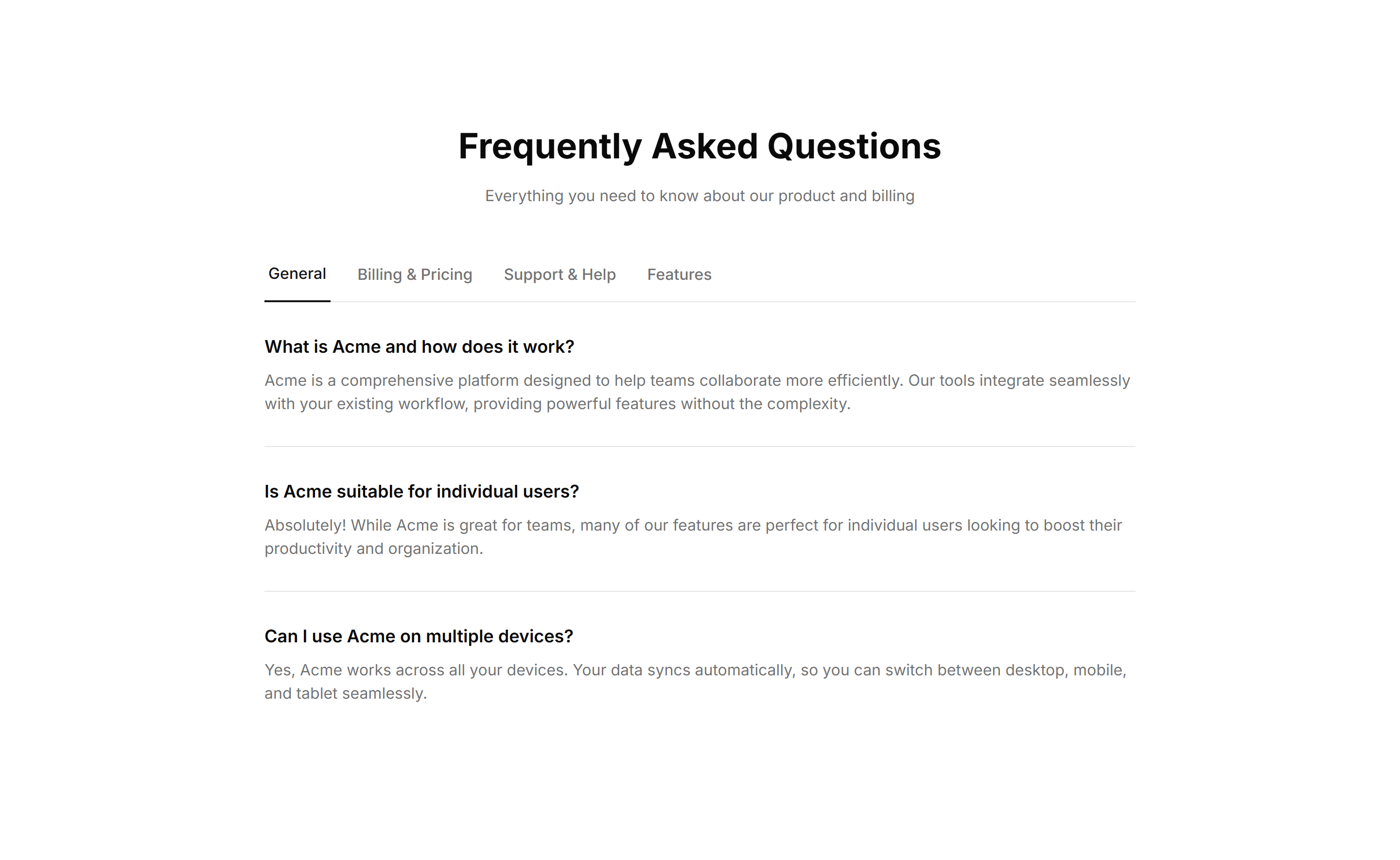 Marketing (Legacy) FAQ Section: Tabbed Categories