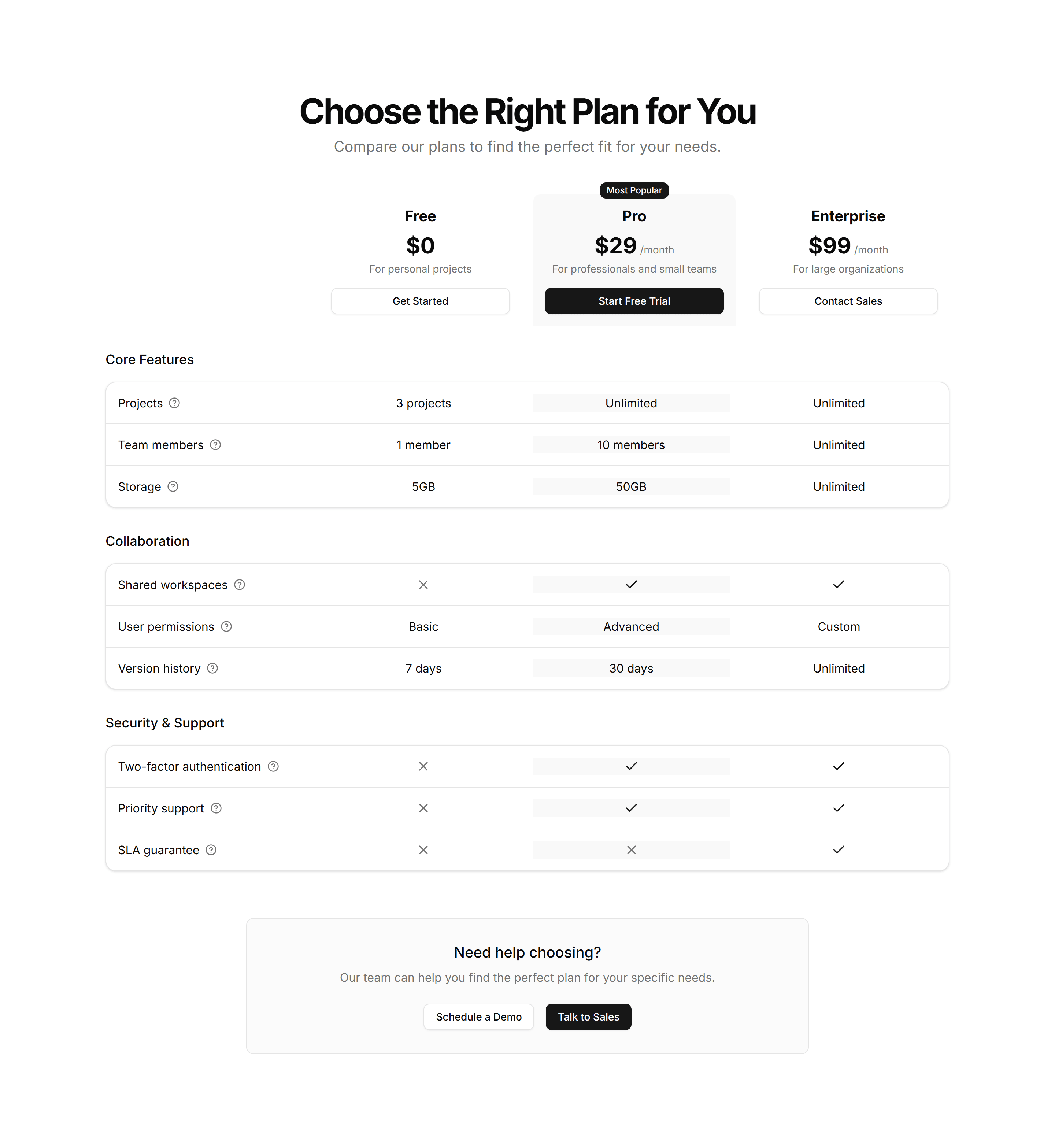Marketing (Legacy) Pricing Section: Feature Grid