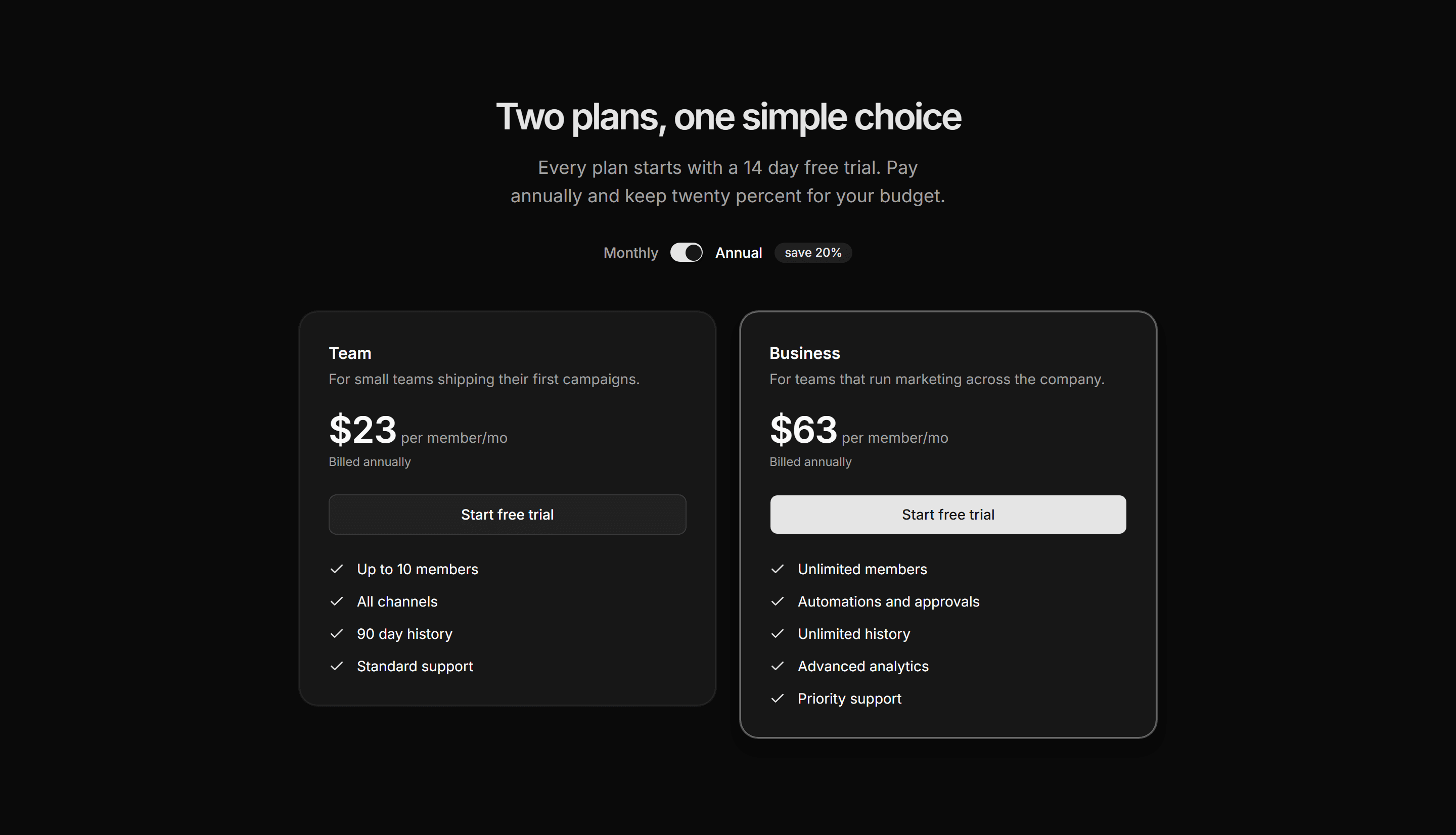 Marketing Pro Pricing: Annual Toggle Two Tier