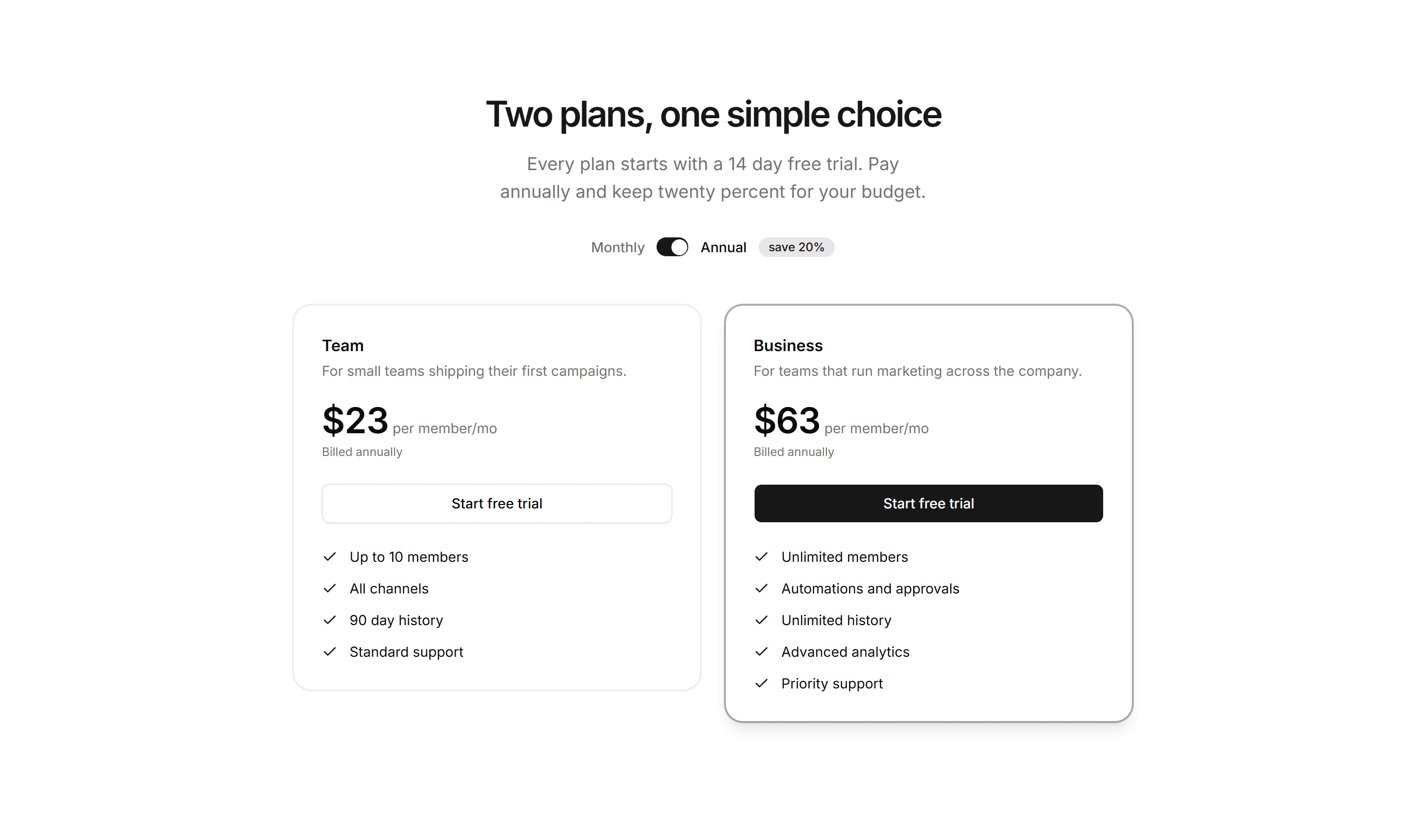 Marketing Pro Pricing: Annual Toggle Two Tier
