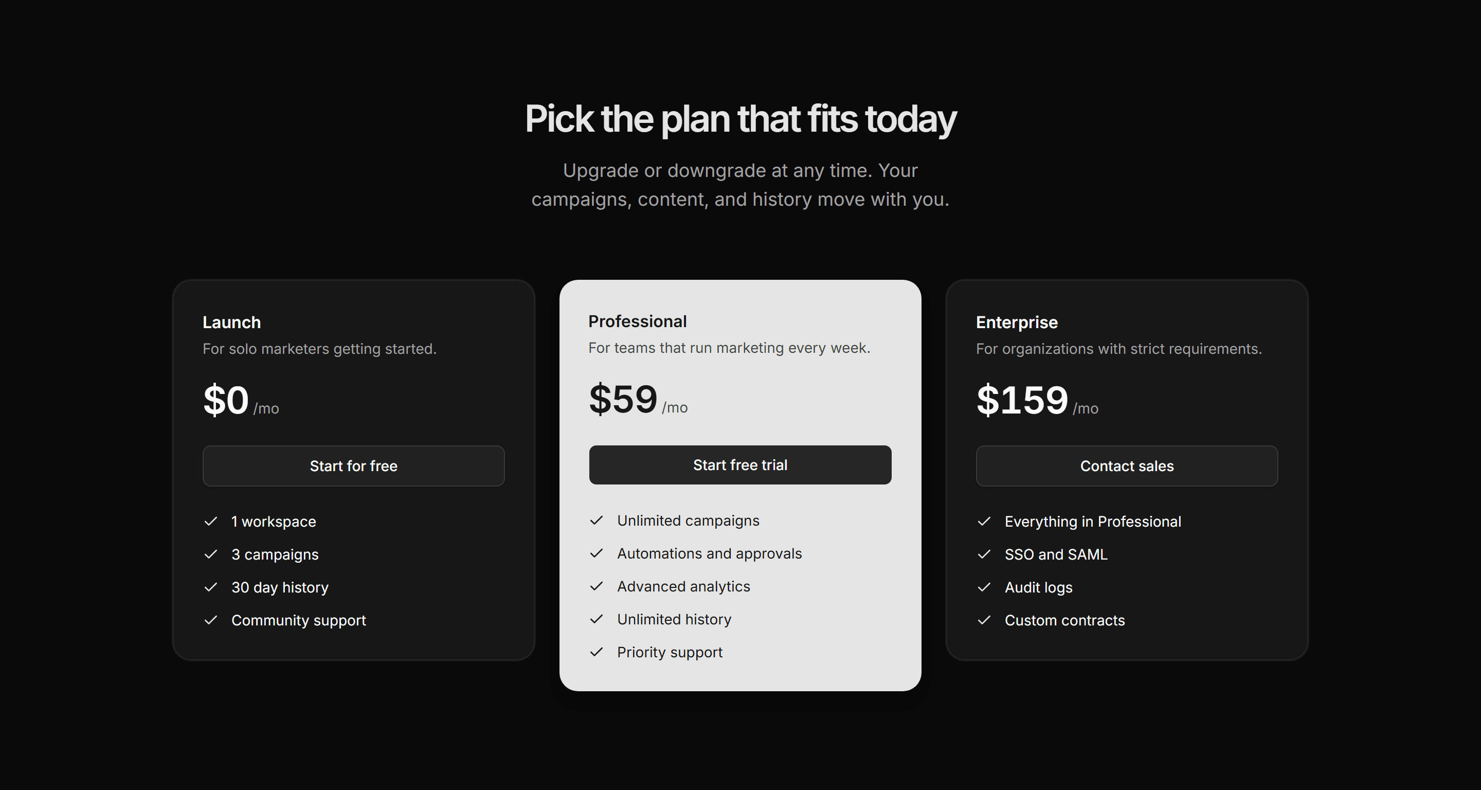 Marketing Pro Pricing: Dark Featured Tier