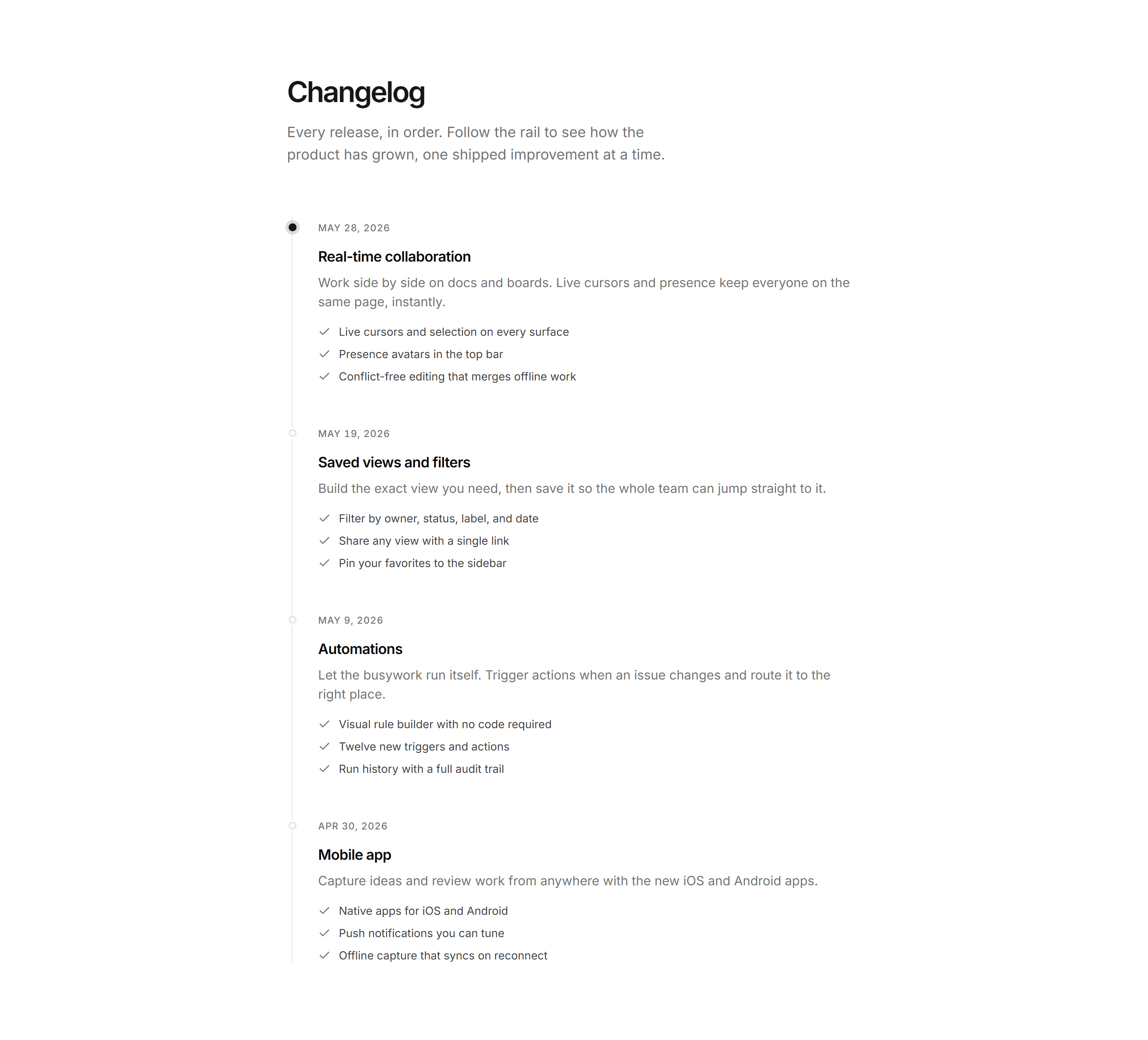 Modern SaaS Changelog: Vertical Timeline